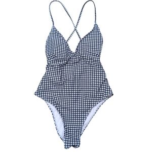 Checkered Bathing Suit One Piece Cheeky Low Back Criss Cross Straps Size Medium